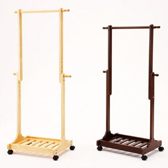 ハンガーラック キャスター付き 伸縮式 棚付き コートハンガー おしゃれ スリム 衣類収納 伸張式ハンガー ブラウン ナチュラル 木製 高さ調節 | 