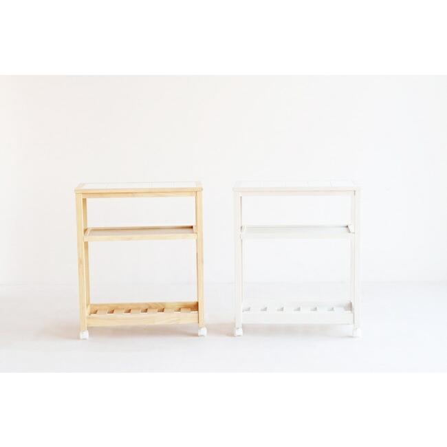 キッチンワゴン 3段 キャスター付 タイル天板 木製 タイルトップ 耐熱 キッチン収納 ホワイト ナチュラル 北欧 おしゃれ スリム キッチンラック | 