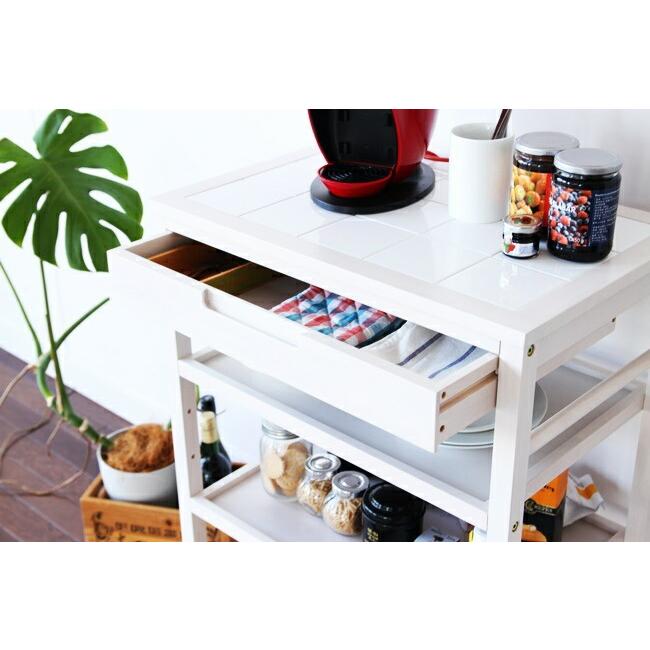 キッチンワゴン 4段 タイル天板 引き出し 耐熱 キャスター付 タイルトップ 幅60 北欧 おしゃれ かわいい キッチン収納 木製 ホワイト キッチンラック |  | 01