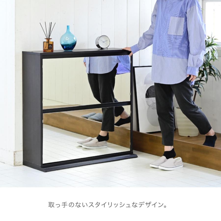 シューズラック スリム シューズボックス 下駄箱 収納 白 靴箱 ミラー 付き フラップ扉 薄型 玄関収納 省スペース 2段 幅90 cm ホワイト ダークブラウン 木製 | ブランド登録なし | 03