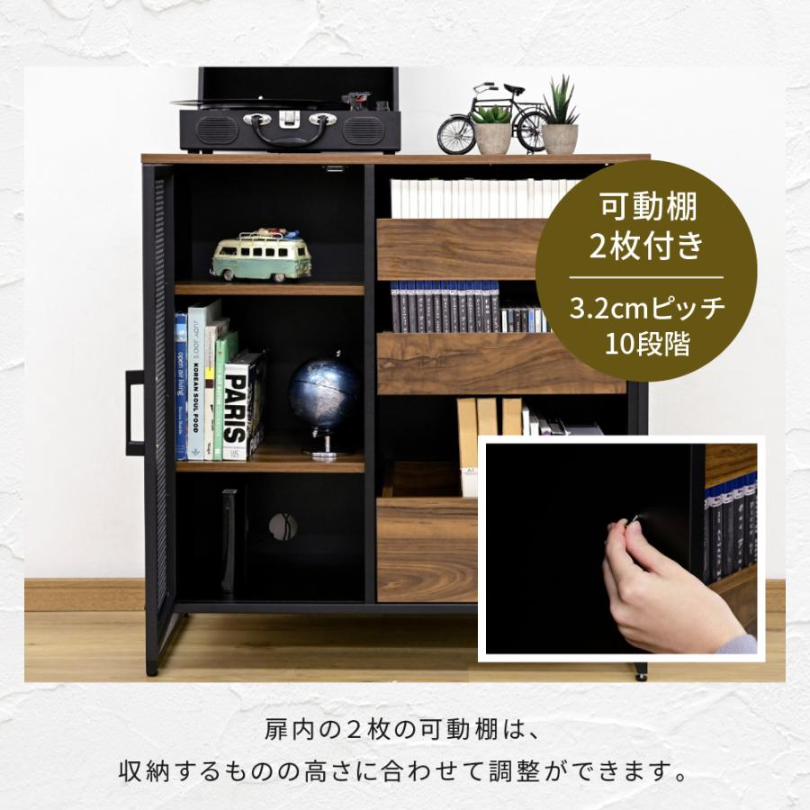 扉付きキャビネット リビングボード ハイタイプ サイドボード幅80 収納棚 チェスト スチール 鉄 鉄製 リビング収納 引き出し 高級感 ブラック 黒 |  | 09