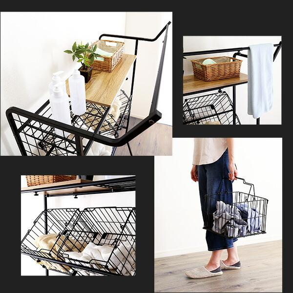 洗濯かご2個付 ヴィンテージ 伸縮 ランドリーラック バスケットタイプ スリム おしゃれ 洗濯機ラック 洗濯機棚 高さ調整 ハンガーラック 可動棚  洗濯機上ラック |  | 04