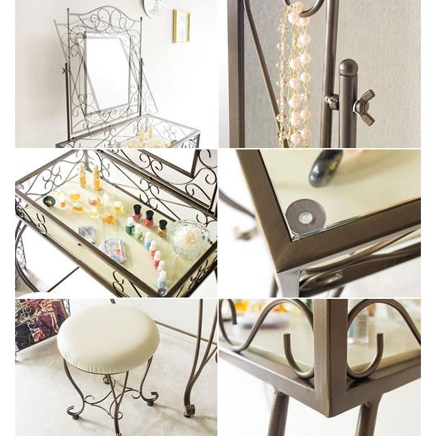 ドレッサー スツールセット ロートアイアン 猫足 ドレッサーデスク ドレッサーテーブル 鏡台 化粧台 ミラー 鏡 一面鏡 メイク台 ガラステーブル ディスプレイ |  | 01