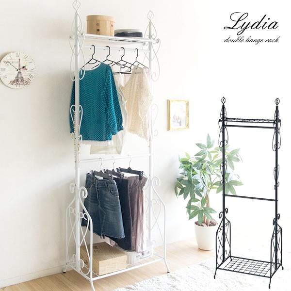 ハンガーラック 棚付き 2段 ダブルハンガー ロートアイアン ヴィンテージ風 ハンガー コートハンガー コート掛け 丈夫 頑丈 洋服 洋服掛け かばん掛け 帽子掛け | 