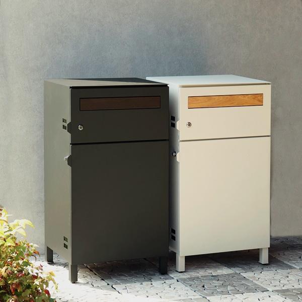 宅配ボックス付ポスト 置き型 鍵付き メールボックス 郵便受け スタンドポスト おしゃれ レトロ ダークグレー グレージュ 木目 屋外 Gian-ジャン- | 