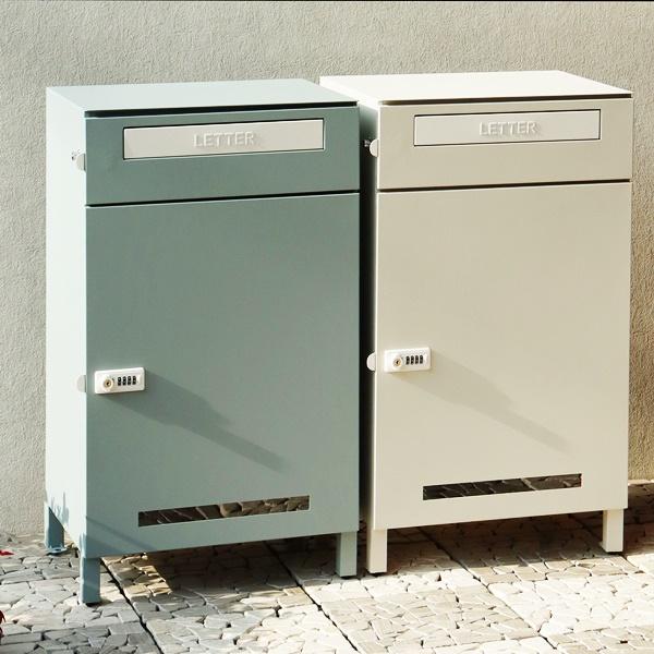 宅配ボックス付ポスト 郵便ポスト おしゃれ スタンドポスト 宅配ボックス 郵便受け 北欧 レトロ モダン アンティーク 鍵付 ダイヤル錠 ブルーグレー グレージュ | ブランド登録なし