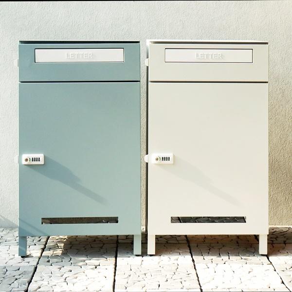 宅配ボックス付ポスト 郵便ポスト おしゃれ スタンドポスト 宅配ボックス 郵便受け 北欧 レトロ モダン アンティーク 鍵付 ダイヤル錠 ブルーグレー グレージュ | ブランド登録なし | 03