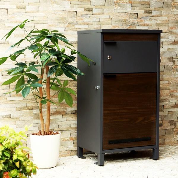 宅配ボックス付ポスト ポスト付宅配ボックス スタンドポスト 宅配BOX 置き型 自立 郵便ポスト 鍵付き おしゃれ 北欧 モダン レトロ ダークグレー ホワイト 木目 | ブランド登録なし | 03