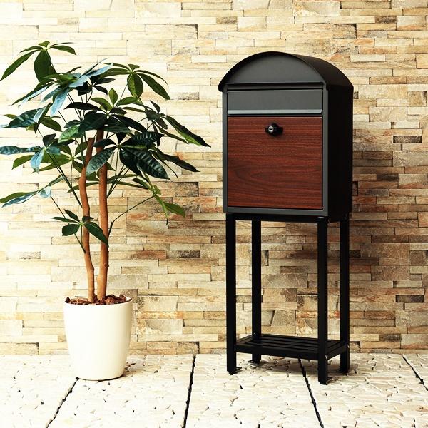 スタンドポスト おしゃれ 自立 置き型 郵便ポスト 郵便受け スタンドタイプ 戸建て レトロ 北欧 アンティーク モダン 木目 ダークグレー ベージュ 鍵付 一戸建て | ブランド登録なし | 03