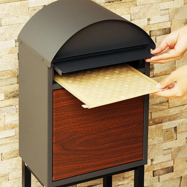 スタンドポスト おしゃれ 自立 置き型 郵便ポスト 郵便受け スタンドタイプ 戸建て レトロ 北欧 アンティーク モダン 木目 ダークグレー ベージュ 鍵付 一戸建て | ブランド登録なし | 05