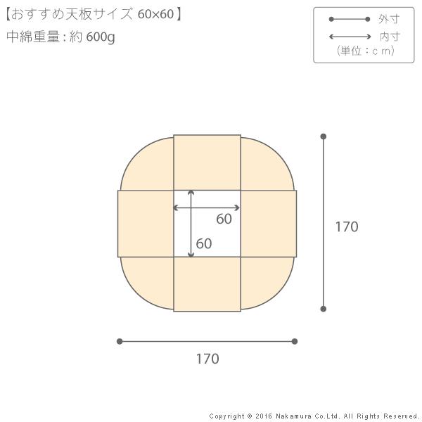 こたつ布団 省スペース はっ水リバーシブル省スペースこたつ布団-モルフ 60x60cmこたつ用（170x170cm） 正方形 |  | 02