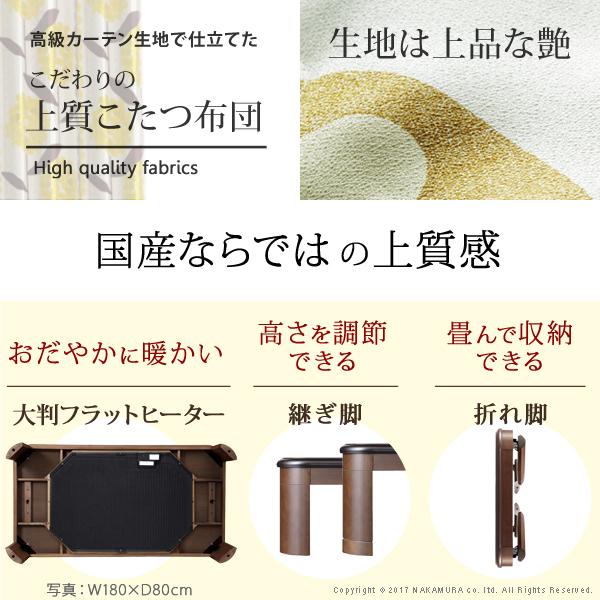 こたつ 長方形 大判 楢ラウンド折れ脚こたつ-フラットリラ 150x80cm 日本製厚手カーテン生地の北欧柄こたつ布団セット テーブル 天然木 日本製 リモート 在宅 |  | 01