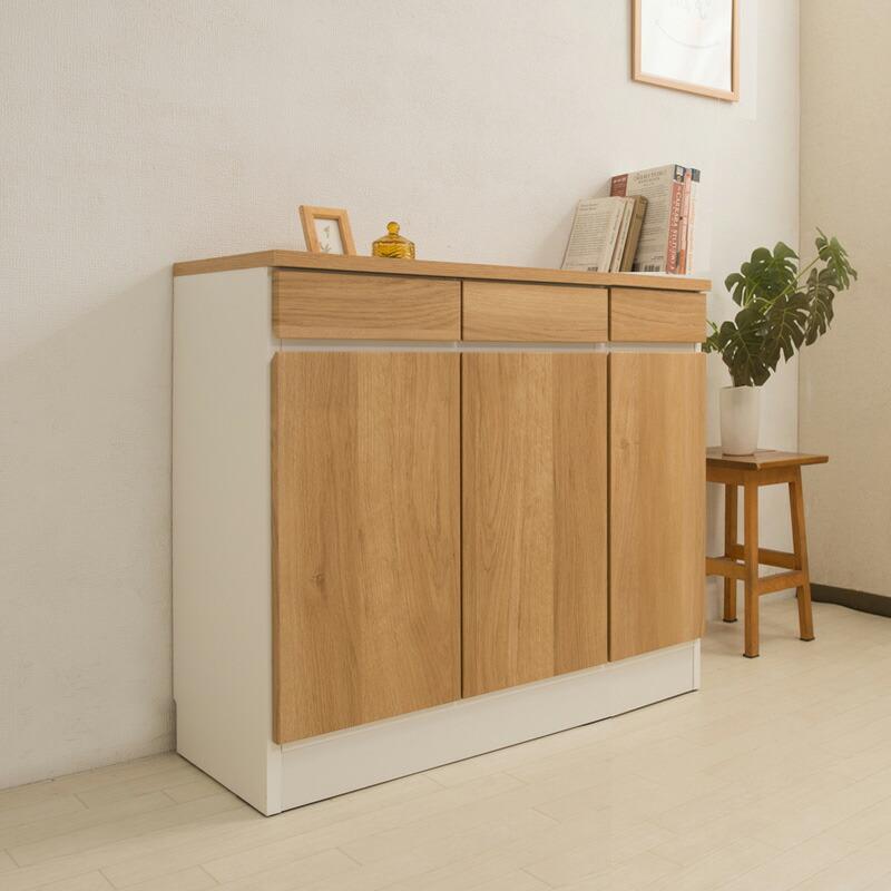 薄型キャビネット 幅90cm 日本製 ナチュラル リビングボード 木製 リビング収納 コンソール 隠す収納 天板 電話台 FAX台 木目 和モダン レトロ 北欧 カントリー | ブランド登録なし