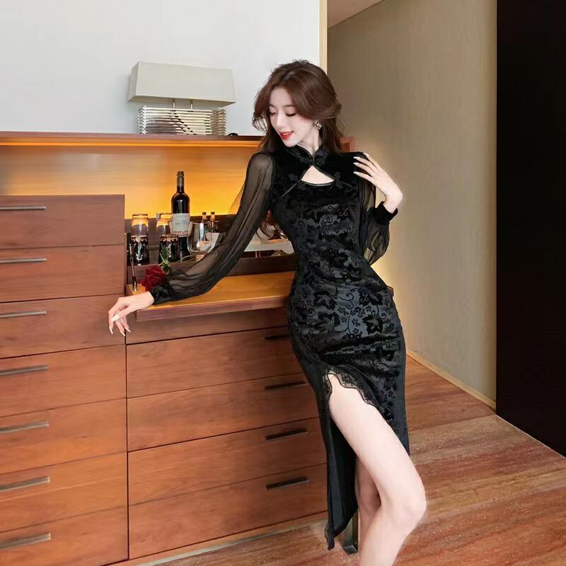 黒色 長袖 ロング丈 ストレッチ チャイナドレス パーティードレス コスプレ衣装 女性 チャイナ服 セクシー コスチューム 仮装 レディース 可愛い【3241】 |  | 02