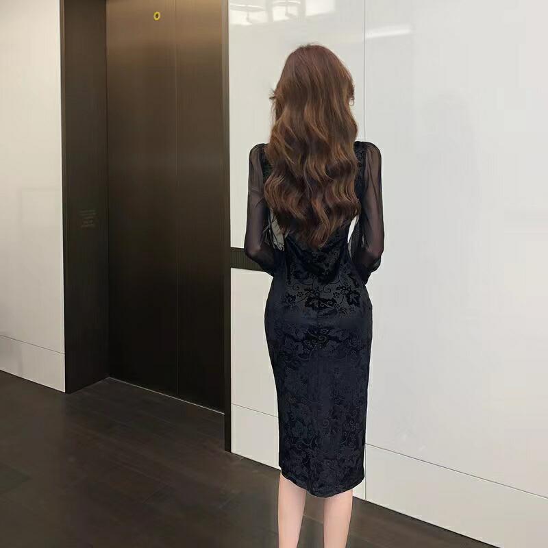 黒色 長袖 ロング丈 ストレッチ チャイナドレス パーティードレス コスプレ衣装 女性 チャイナ服 セクシー コスチューム 仮装 レディース 可愛い【3241】 |  | 03