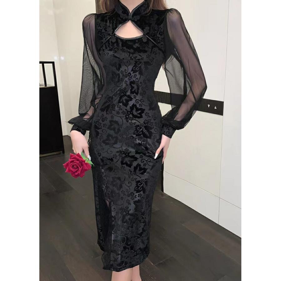黒色 長袖 ロング丈 ストレッチ チャイナドレス パーティードレス コスプレ衣装 女性 チャイナ服 セクシー コスチューム 仮装 レディース 可愛い【3241】 |  | 06