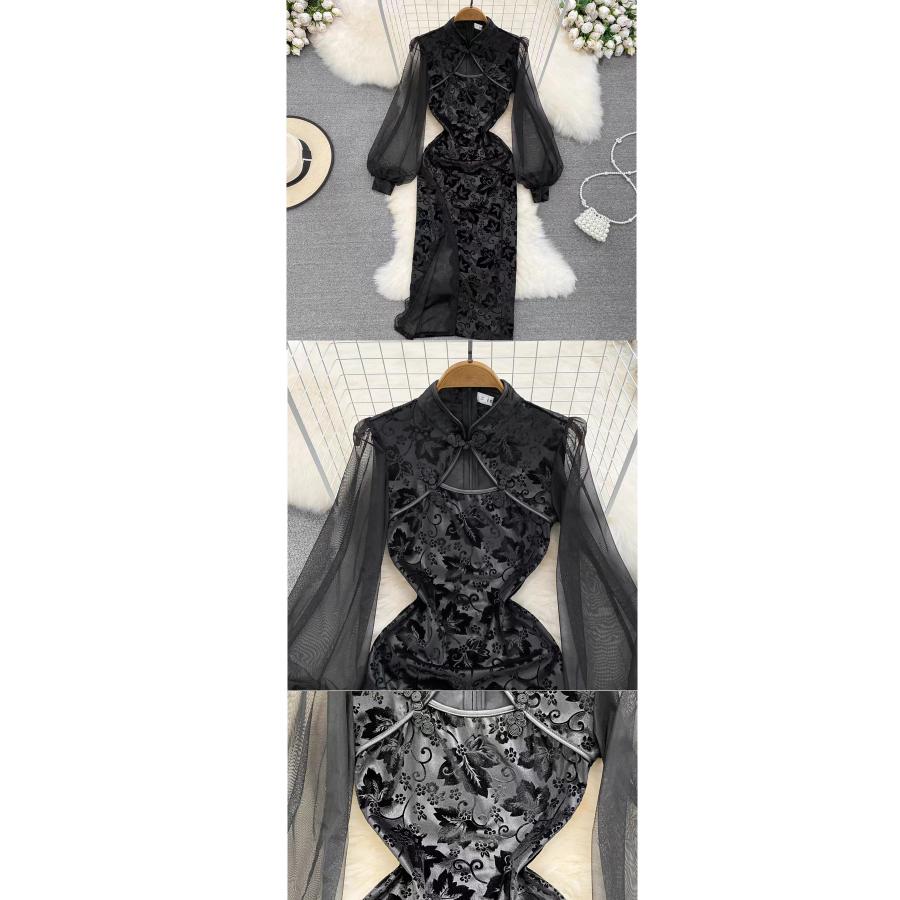 黒色 長袖 ロング丈 ストレッチ チャイナドレス パーティードレス コスプレ衣装 女性 チャイナ服 セクシー コスチューム 仮装 レディース 可愛い【3241】 |  | 07