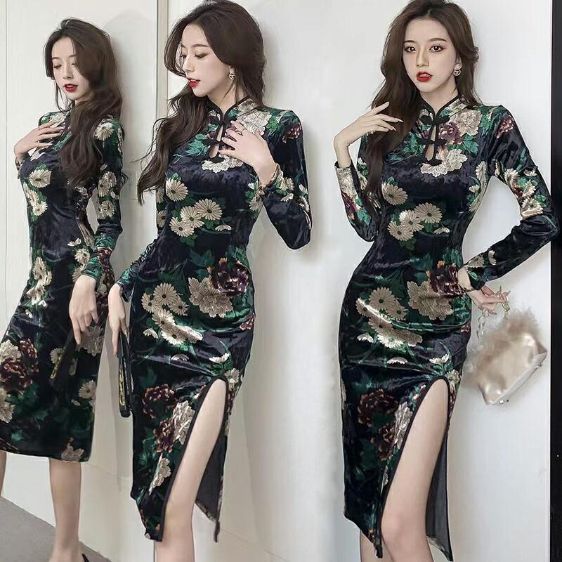 金色花柄 長袖 ロング丈 ストレッチ パーティードレス【3242】 | 