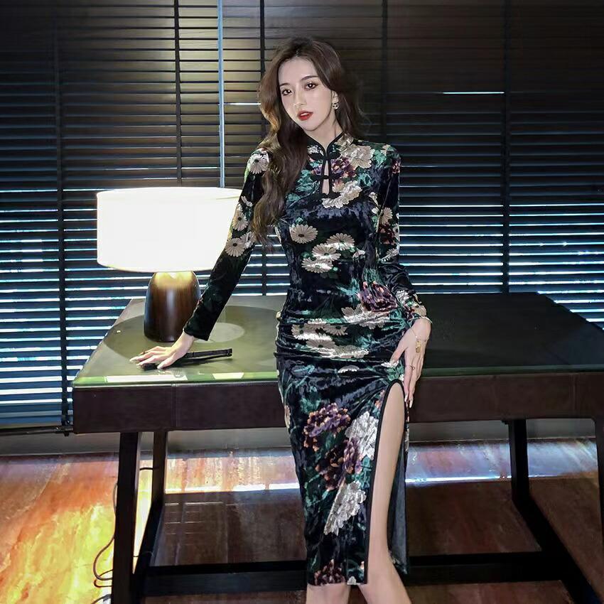 金色花柄 長袖 ロング丈 ストレッチ パーティードレス【3242】 |  | 01