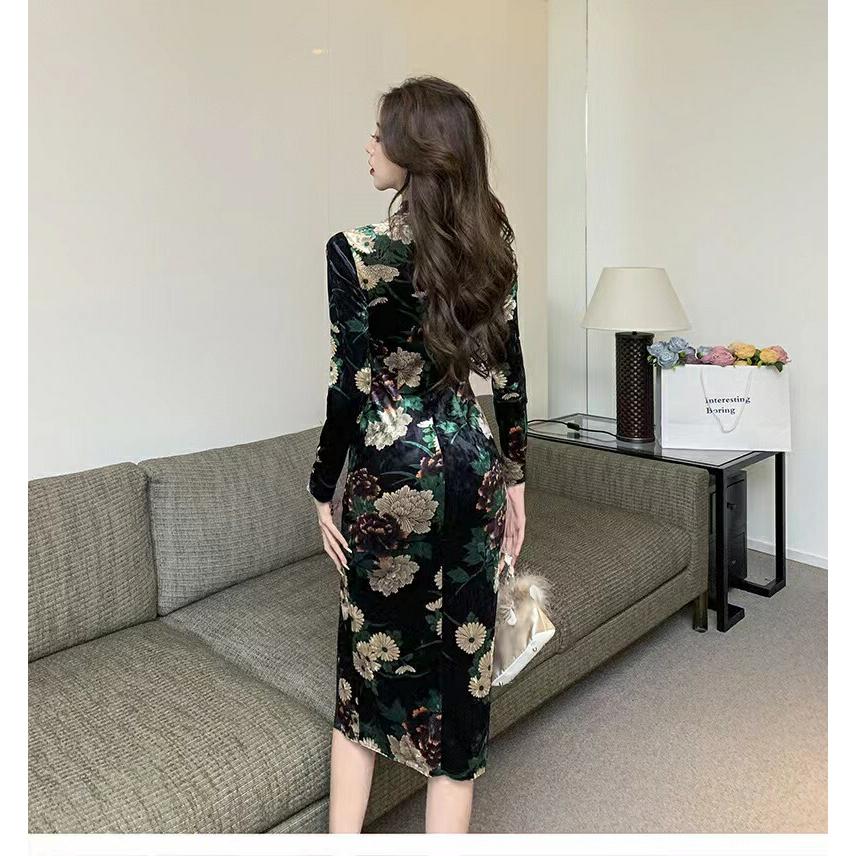 金色花柄 長袖 ロング丈 ストレッチ パーティードレス【3242】 |  | 02