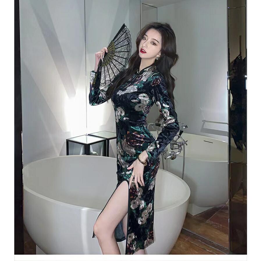 金色花柄 長袖 ロング丈 ストレッチ パーティードレス【3242】 |  | 03