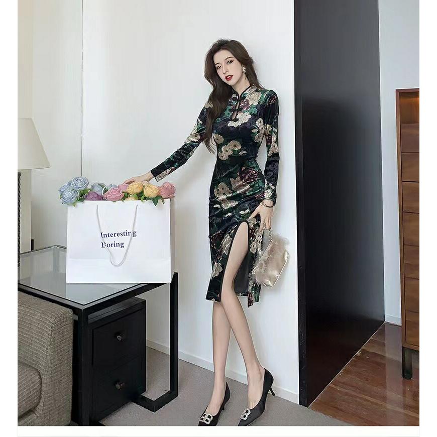 金色花柄 長袖 ロング丈 ストレッチ パーティードレス【3242】 |  | 04