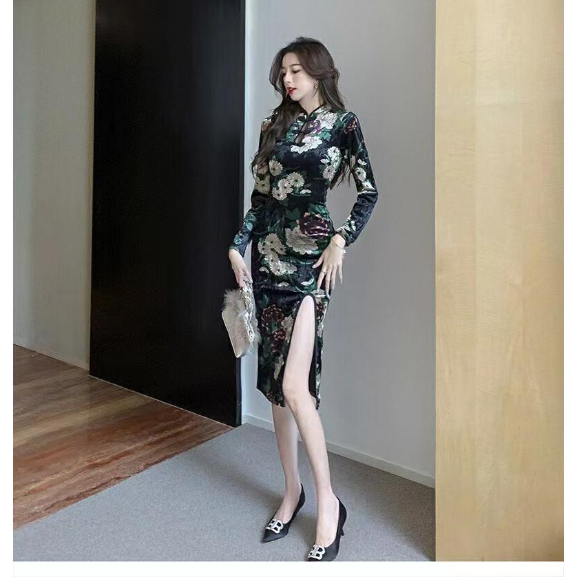 金色花柄 長袖 ロング丈 ストレッチ パーティードレス【3242】 |  | 05