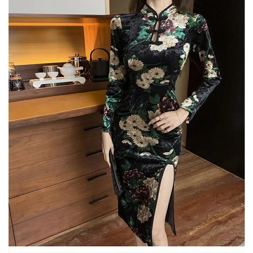 金色花柄 長袖 ロング丈 ストレッチ パーティードレス【3242】 |  | 07