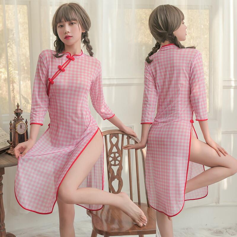 ピンク チェック柄 チャイナドレス風 セクシーランジェリー 女性下着 コスプレ衣装 透け透け チャイナ服 セクシー コスチューム 仮装 レディース 【3235】 | 