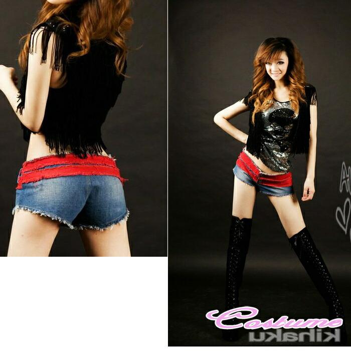 赤×紺 デニムショートパンツ ハーフ 短パン スーパー極浅 ショーパン かわいい おしゃれ 美脚 女性【2629】 |  | 01