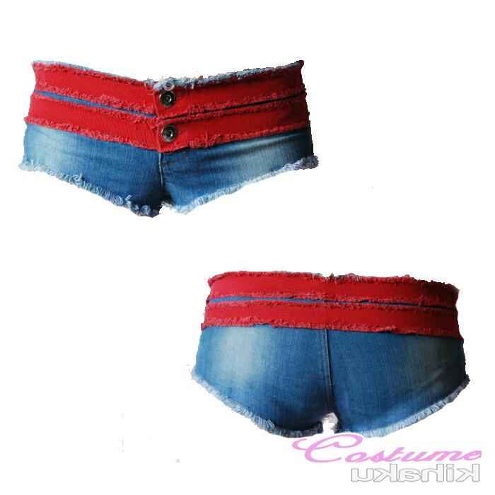 赤×紺 デニムショートパンツ ハーフ 短パン スーパー極浅 ショーパン かわいい おしゃれ 美脚 女性【2629】 |  | 02