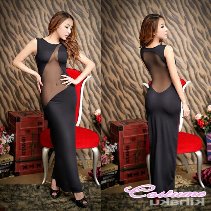 袖なし 黒 ブラック ロング丈ドレス ボディコン 透け透け エロい服 エロ可愛い 過激 大人 女性 レディース セクシー【8587】 |  | 01