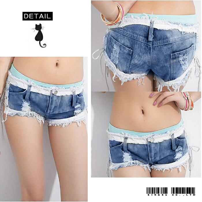 サイド編み上げ デニムショートパンツ ハーフ 短パン スーパー極浅 ショーパン かわいい おしゃれ 美脚 女性【2525】 |  | 01