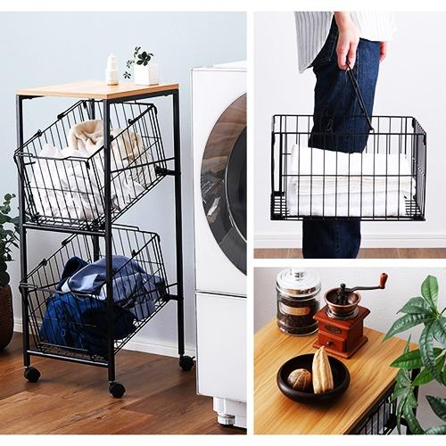 バスケット2段ストッカー ランドリーバスケット キャスター付き ランドリーワゴン ランドリーラック ブラック 天板 スチール カゴ 取り外し 持ち運び 2連 |  | 09