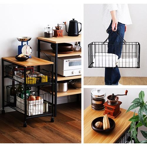 バスケット2段ワゴン キッチンワゴン ランドリーバスケット キャスター付き ランドリーワゴン ブラック 天板 スチール カゴ 取り外し 持ち運び 2連 台所収納 |  | 08