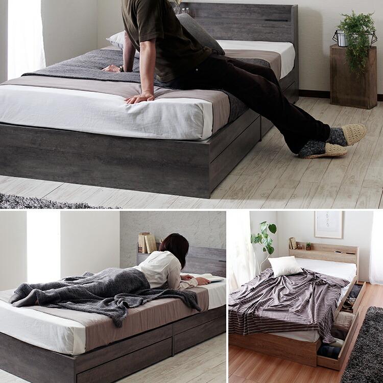 ベッドフレーム ダブル ベッド D ヘッドボード ダブルサイズ フレーム 収納 引出し ベッド下 コンセント付き USBポート付き 収納スペース 木製 棚 宮 ベット |  | 08