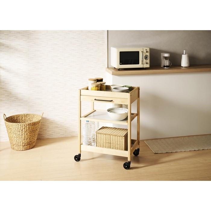 トレーワゴン 3段 幅60cm 引出し付 キッチンワゴン 木製 キッチントレー ブラウン ナチュラル レトロ キャスター付 天然木 北欧 アジアン 和モダン ベッドサイド | ブランド登録なし | 02