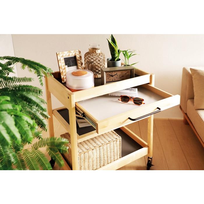 トレーワゴン 3段 幅60cm 引出し付 キッチンワゴン 木製 キッチントレー ブラウン ナチュラル レトロ キャスター付 天然木 北欧 アジアン 和モダン ベッドサイド | ブランド登録なし | 04