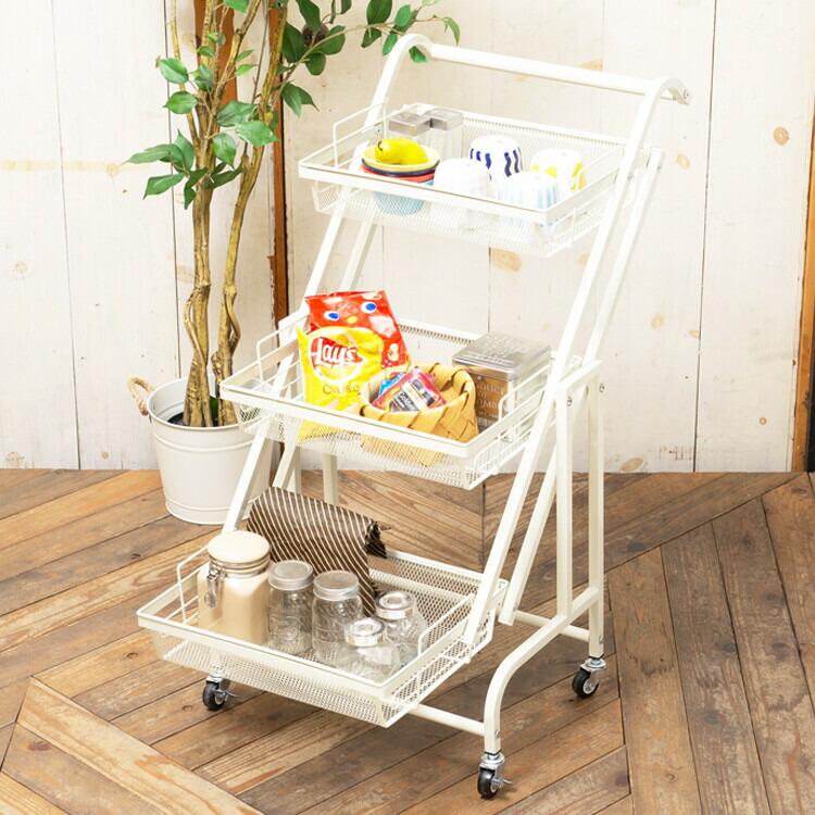 マルチワゴン ROBUST キッチンワゴン ディスプレイワゴン おしゃれ キャスター付き 角度調整 小物入れ スチール カゴ3段 |  | 06