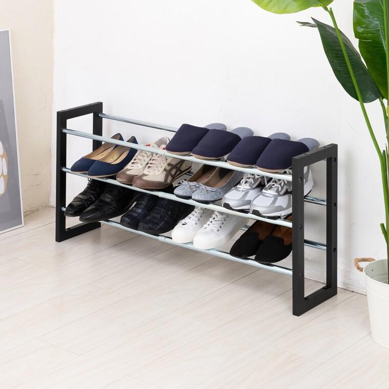 伸縮式シューズラック3段 靴入れ 玄関収納 スリッパ ラック コンパクト エントランス スリム 省スペース 棚 | 