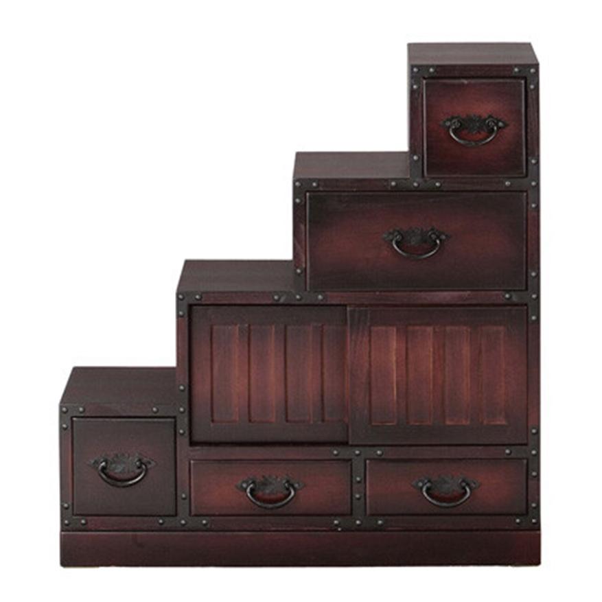 レトロ調 左階段 完成品 タンス チェスト 和モダン アンティーク 和室 民芸調デザイン 箪笥 民芸家具 リビング 収納棚 階段箪笥 アンティーク 小物収納 衣類収納 | 