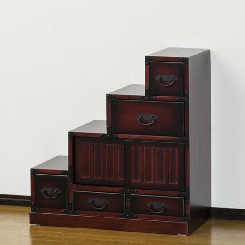レトロ調 左階段 完成品 タンス チェスト 和モダン アンティーク 和室 民芸調デザイン 箪笥 民芸家具 リビング 収納棚 階段箪笥 アンティーク 小物収納 衣類収納 |  | 01