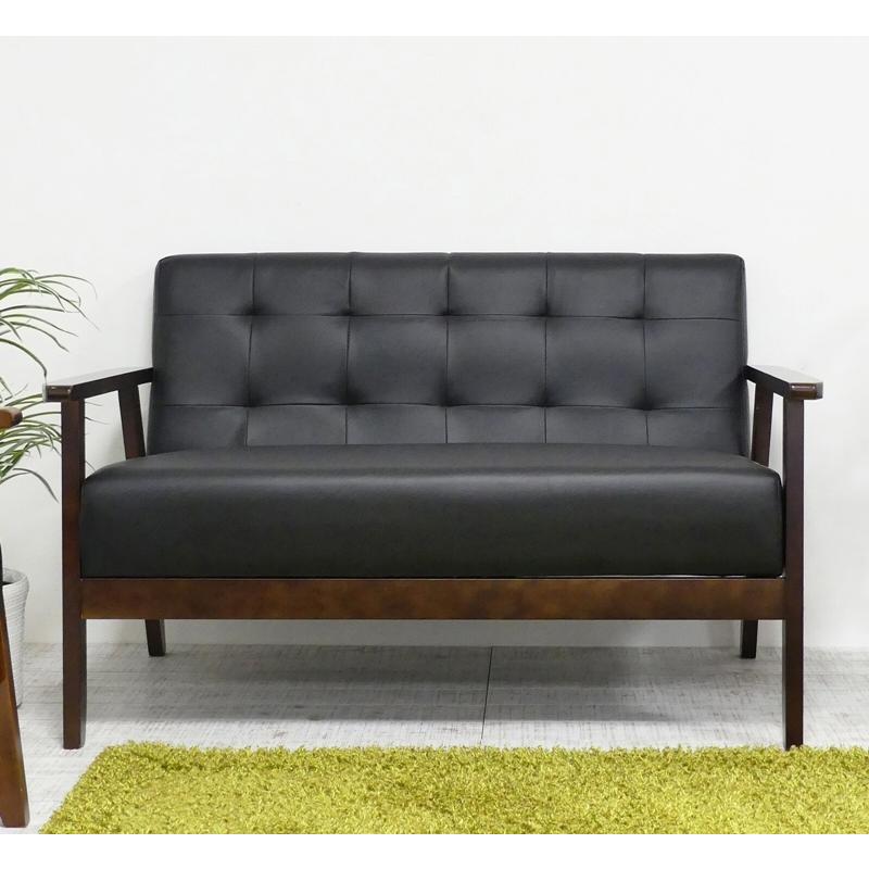 2Pソファ オスロ ブラック 2人掛け おしゃれ シンプル 北欧 木目 木肘ソファー いす チェアー 椅子 コンパクト 2人がけ 高級感 リビング ダイニング 合皮 レザー | 