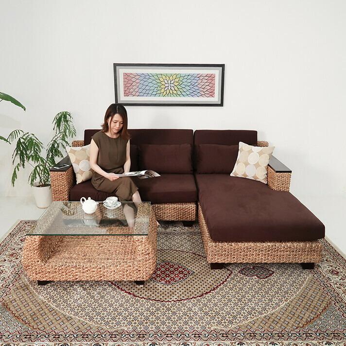 ウォーターヒヤシンス ローテーブル ガラス天板 90×60cm 高級木材マホガニー アジアン家具 |  | 06