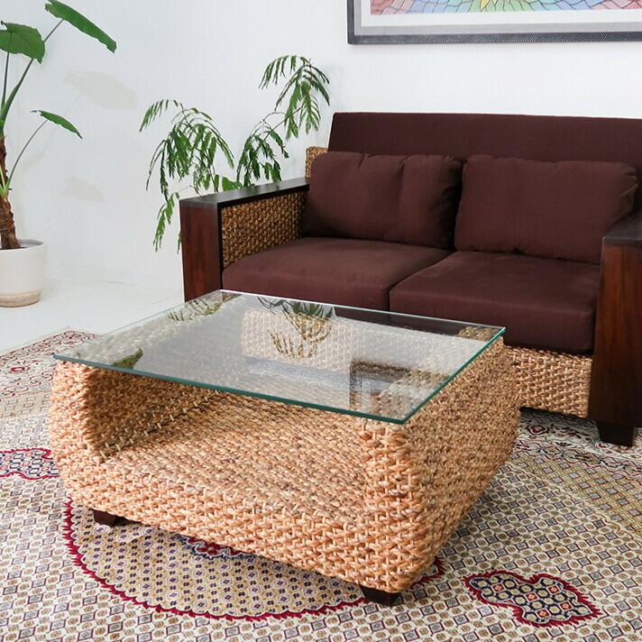 ウォーターヒヤシンス ローテーブル ガラス天板 90×60cm 高級木材マホガニー アジアン家具 |  | 07