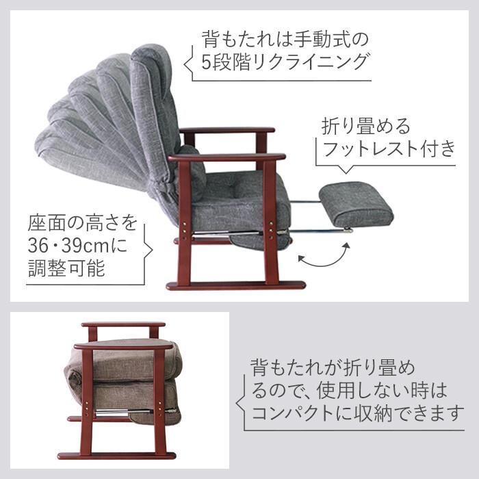 高座椅子 グレー リクライニング 座いす 座椅子 フットレスト 肘付き 肘掛 リクライニングチェア アームチェア クッション付き ファブリック 布張り ハイバック | ブランド登録なし | 01