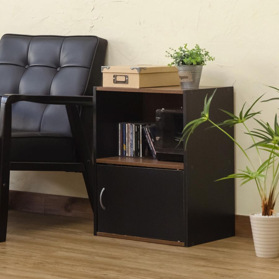 2段 ラック 扉1枚 電話台 サイドラック 飾り棚 FAX台 ファックス台 木製 リビング収納 ソファ横 オープンスペース ブラック ホワイト カラーボックス 扉付き |  | 01