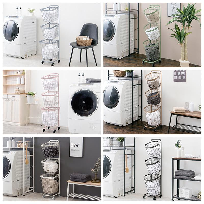３段ランドリーラック ランドリーバスケット キャスター付 丸型 ホワイト ピンク ブラウン グレー グリーン ダークブラウン 通気性 おしゃれ 洗濯物 ランドリー |  | 02