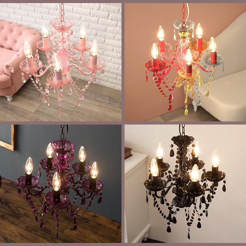 シャンデリア５灯 照明 電気 4.5~6畳 アクリル製 LED電球対応 高級感 モダン アンティーク 姫系 かわいい NL-8605 パープル ピンク マルチ クリア ブラック オシ |  | 01