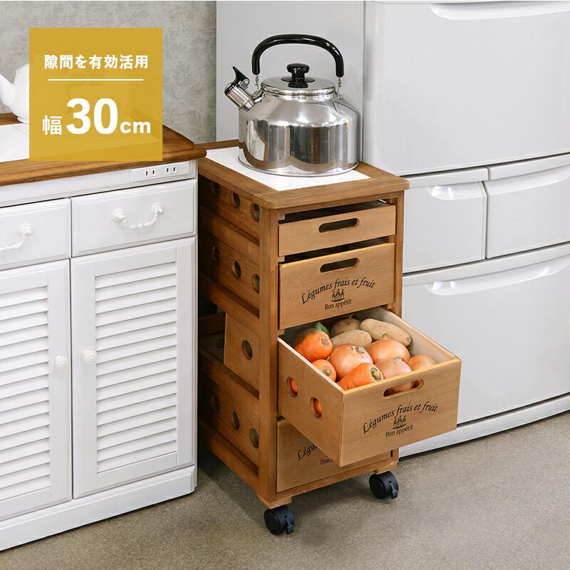 キッチンストッカー キッチン収納 キャスター付き キッチンワゴン 野菜ストッカー 木製 おしゃれ 北欧 モダン ヴィンテージ 天然木 ホワイト ブラウン 英字 | ブランド登録なし | 01